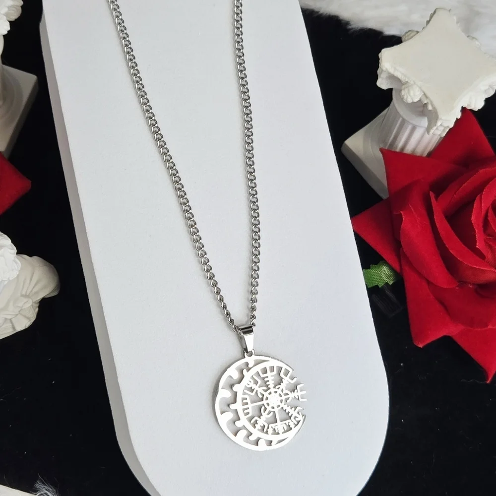 Vegvisir Viking Compass Necklace Crescent Moon Norse Rune Amulet 24” Silver Gift